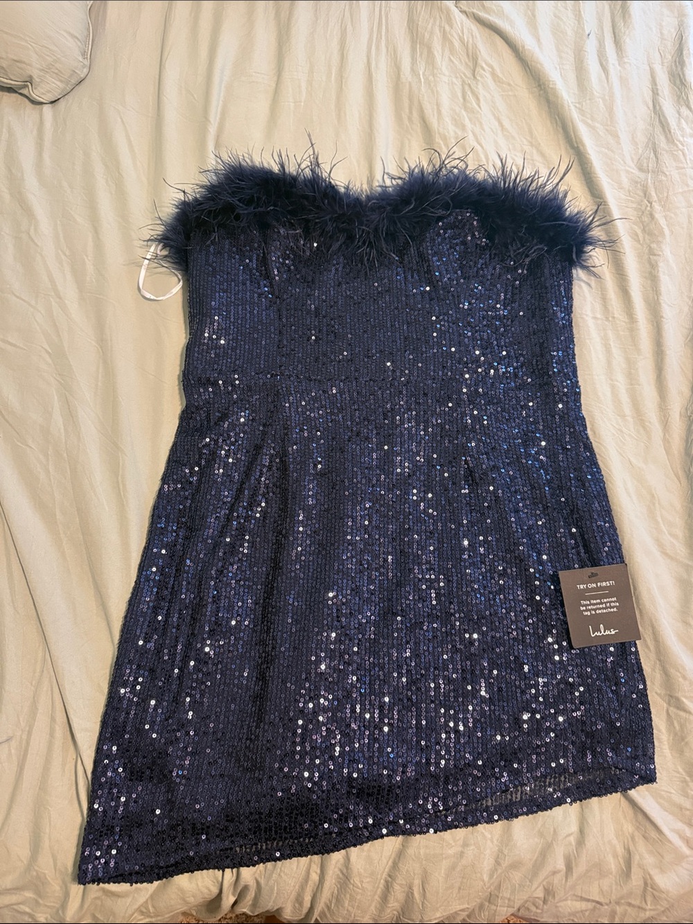 Lulu's Navy Sequin Strapless Mini Dress with Feather Trim